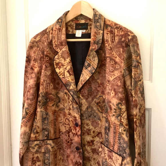 A La Carte Tapestry Blazer XL Mixed Print Gold Brown Scalloped Notched Collar - Picture 2 of 11